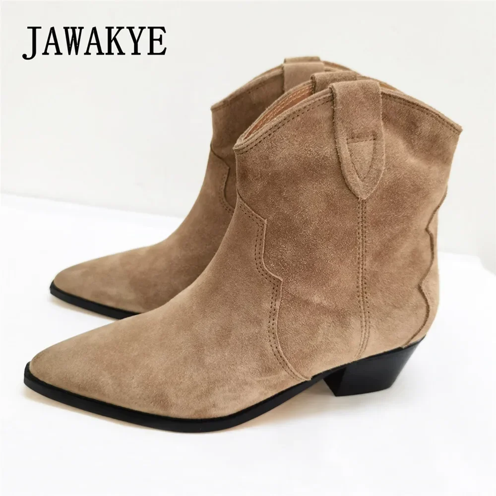 Winter Classic Chelsea Boots for Woman Real Suede Pointy toe Wedges heel Ankle Boots Simple Comfortable Cowboy Boots female