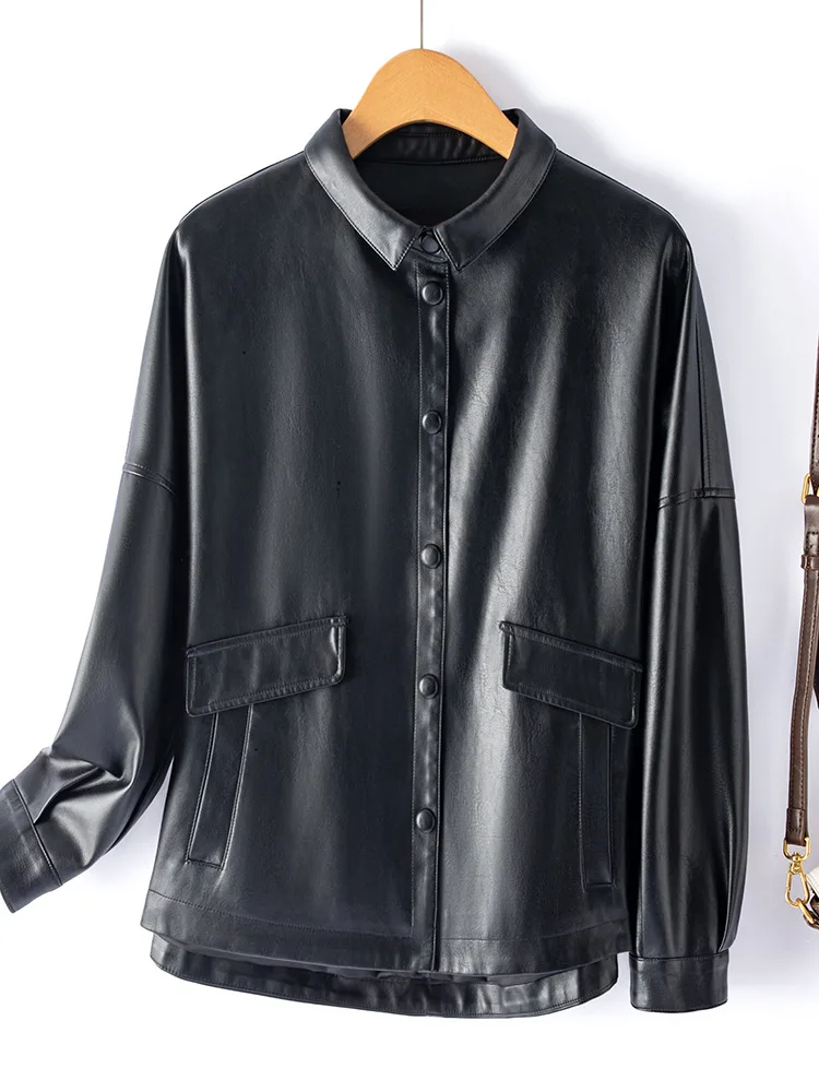 

Women's short style spring and autumn new style loose and simple casual commuting temperament leather jacket top