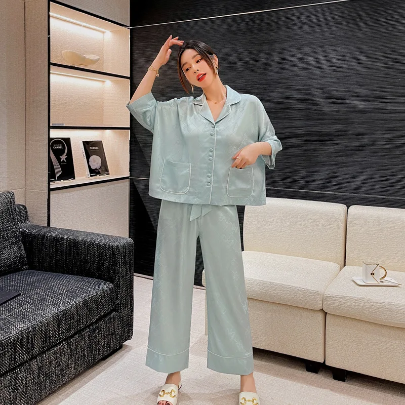 Solid Color Splicing Sleep Set Pajamas Lapel Sleepwear 2Pcs Shirt Pant Home Wear Casual Home Clothes Pj Suit Nuisette Femme