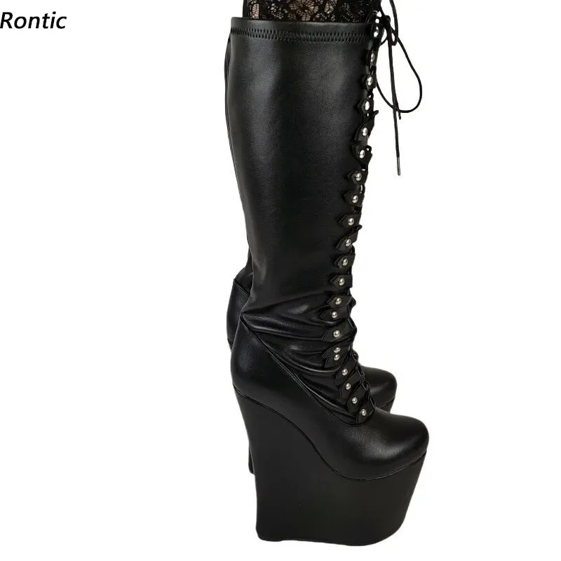 

Rontic Handmade Women Winter Knee Boots Faux Leather Super High Wedges Heels Round Toe Black Party Shoes Ladies US Size 5-15