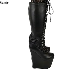 Rontic Handmade Women Winter Knee Boots Faux Leather Super High Wedges Heels Round Toe Black Party Shoes Ladies US Size 5-15