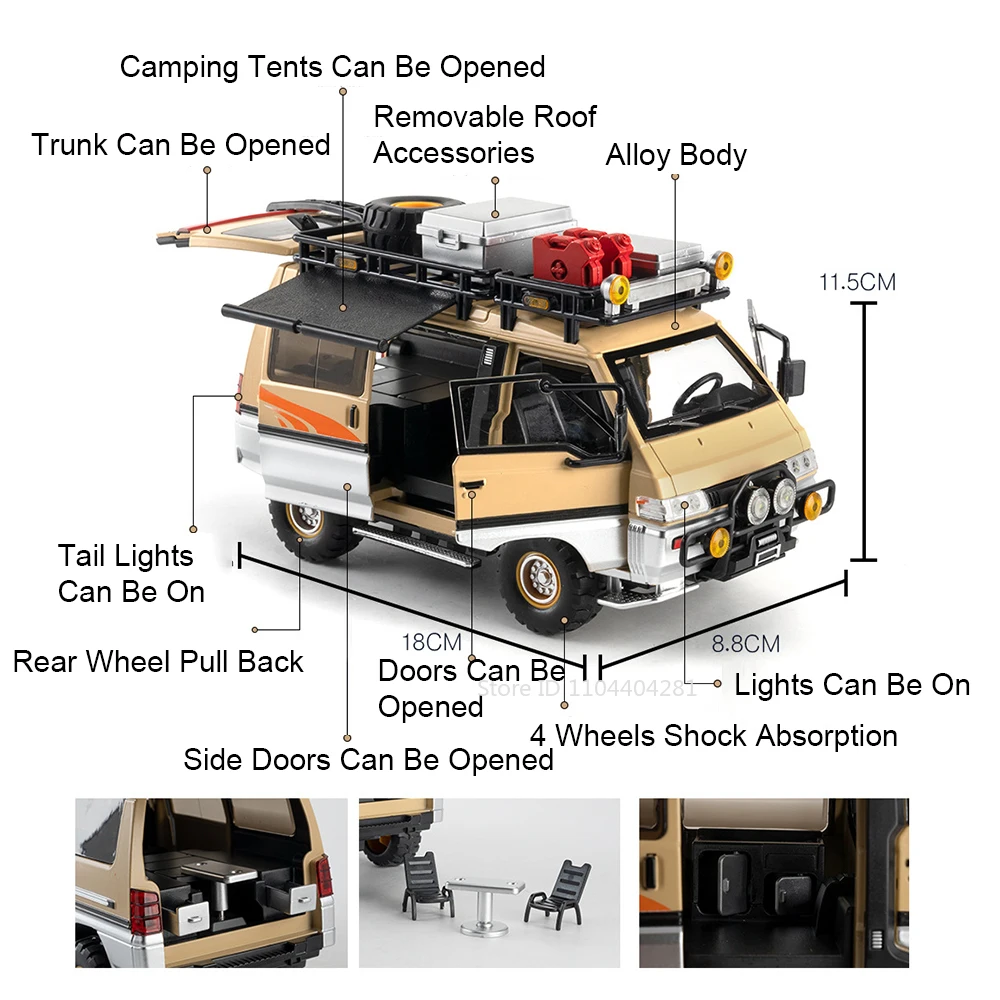 1:24 Mitsubishi Delica H2 Alloy Model Toy Diecast Car Doors Opened with Sound Light Pull Back Miniature Vehice Boy Birthday Gift