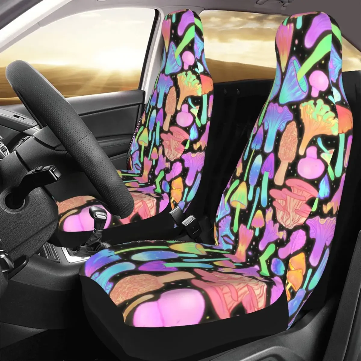 Spooky Mushroom Hunt Neon Front Auto Seat Cover for Women 3D Print Psychedelic Magic Car Seat Covers Fit Truck Van RV SUV 2PC