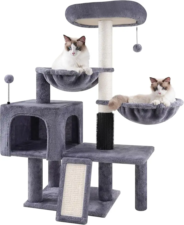 

ROYPET Cat Tree with Cat Condo and Two Hammocks, Cat Tower with Scratching Posts and Scratching Pads, Grey