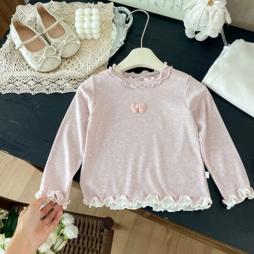 New Spring and Autumn Long Sleeved Butterfly Knot Solid Color Lace Girls' Versatile Round Neck Sweet Bottom Shirt