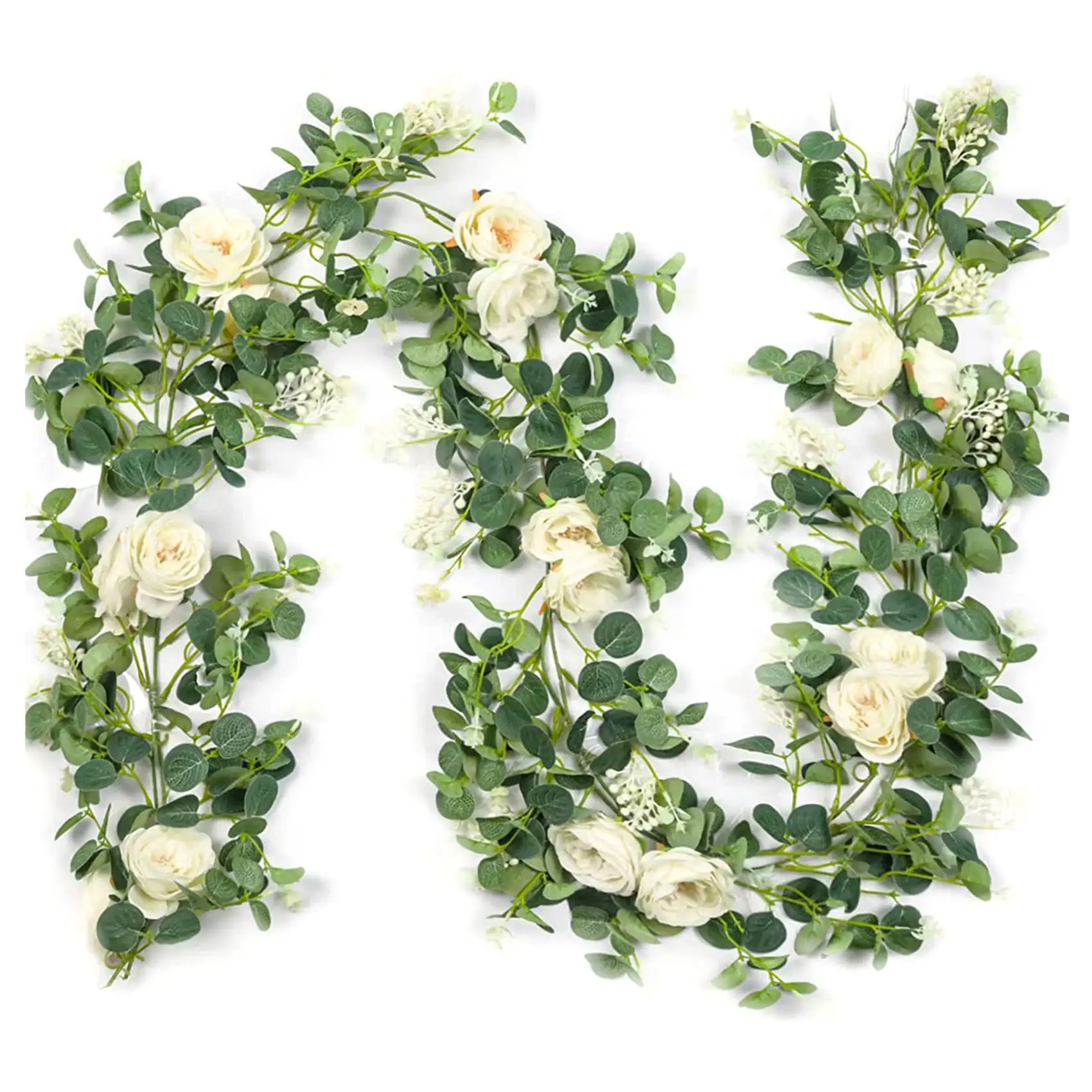 FLYY-2er-Pack Eukalyptus-Girlande mit Champagner-Rosen, künstliche Seidenblumen-Girlande, Eukalyptus-Blätterranken – Detail 6