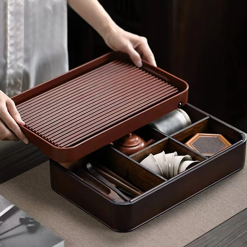 Multifunctional Bamboo Tea Tray Drainage Tea Set Storage Box Living Room Family Kung Fu Tea Set Drawer Type Distribution Box