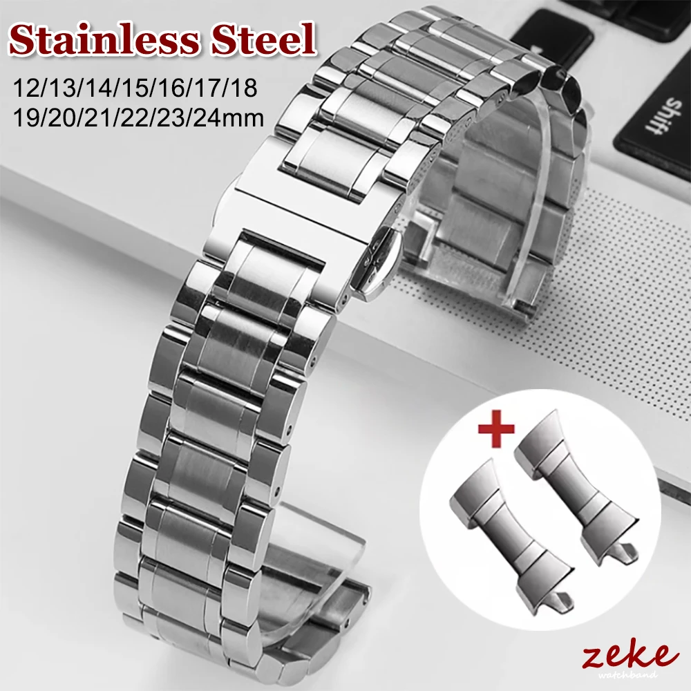 

Solid Stainless Steel Watch Strap Arc Flat End Metal Butterfly Clasp Bracelet 12/13/14/15/16/17/18/19/20/21/22/23/24mm Band Belt