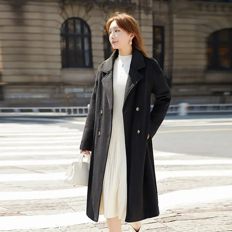 Temperament Women Woolen Coat Female Long Below The Knee Fashion Solid Color Slim Outcoat Winter New Casual Versatile Outerwear