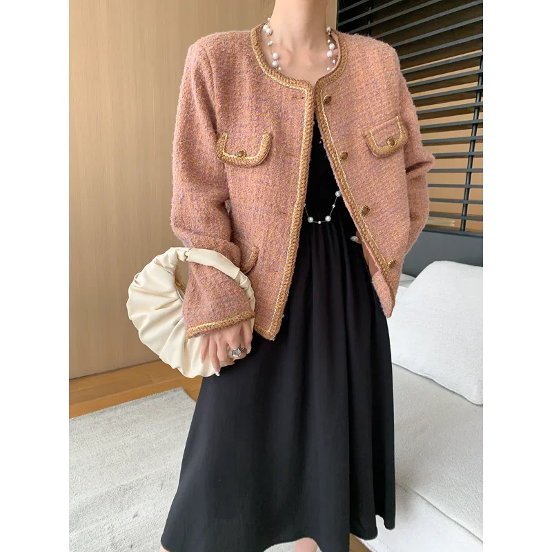 

High Quality Long Sleeve Casual Women Tweed Coat Stylish Sweet O Neck Office French Chic Elegant Small Fragrance Style Lady Coat