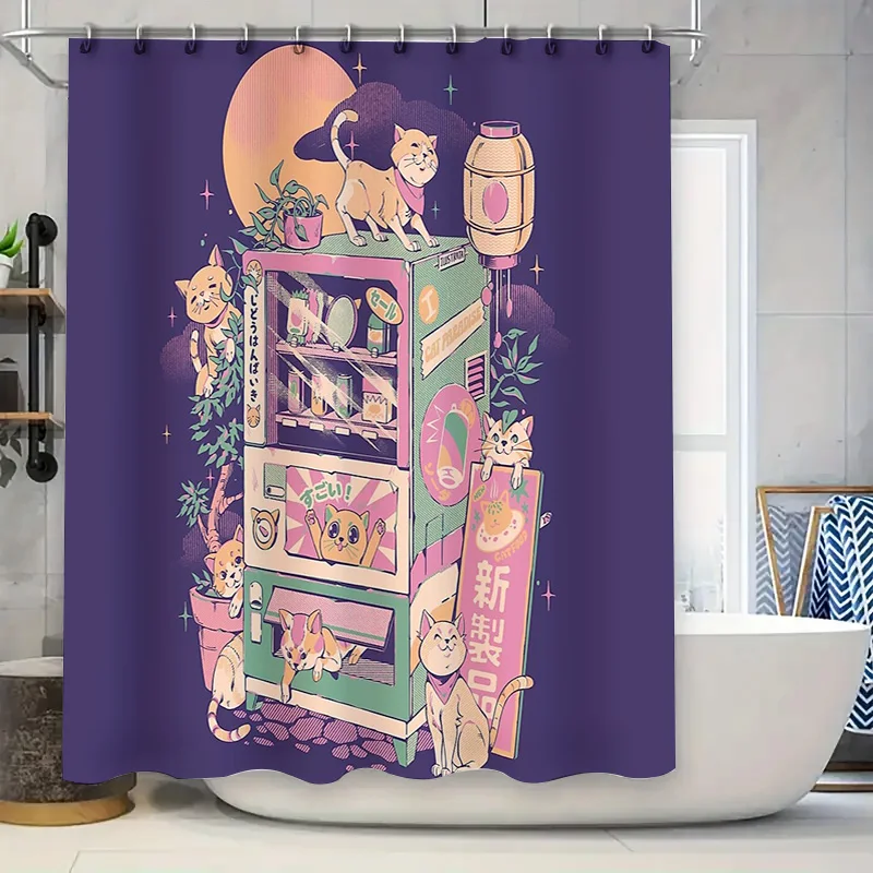 Japanese Cat Ramen Shop Anime Shower Curtain Waterproof Bathroom Decor Japanese Style Cute Kawaii Room Divider Backdrop