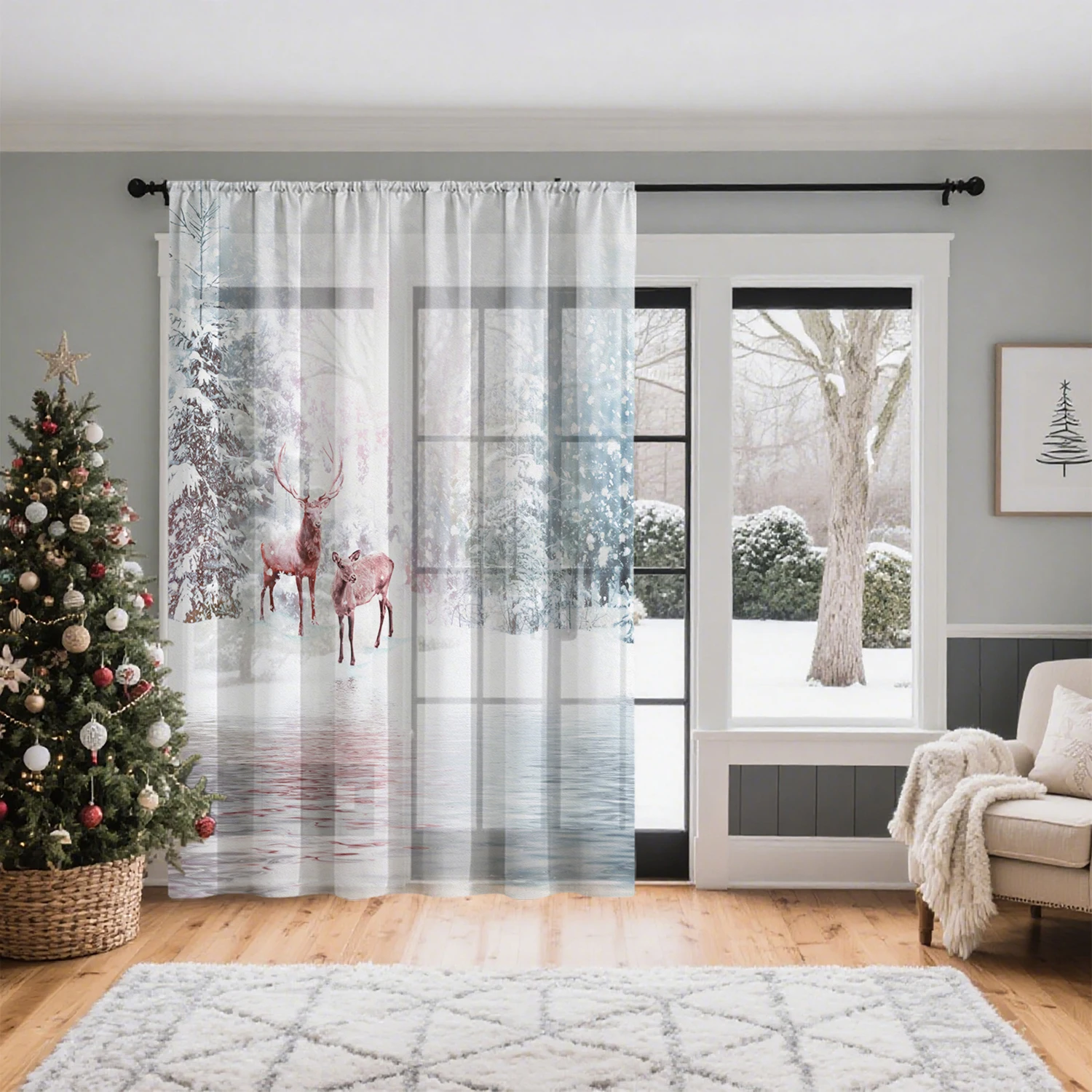 1Pc Winter Fawn Christmas Theme Curtain, Lightweight and Breathable 100% Polyester Material, with Rod Pocket Design, Convenient Decoration, Suitable for Living Room, Bedroom, Dining Area, Office, and Balcony Decoration