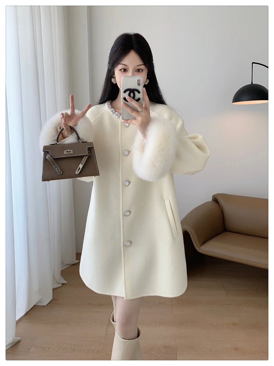 Women Cashmere Wool Woolen Coat Real Fox Fur Cuff Coat Winter Jacket Natural Fox Fur Collar Ladies Outerwear Streetwear