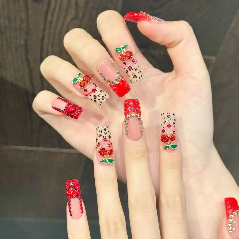 10 pzas uñas largas cuadradas hechas a mano, estilo chic francés rojo cereza y leopardo, ideales para festivales, fiestas y uso diario 2