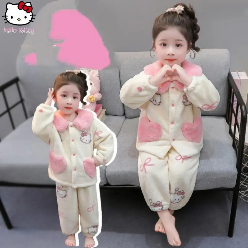 الأطفال مرحبا كيتي الدافئة بيجامة مجموعة الكرتون Kawaii فتاة سانريو الخريف والشتاء جديد أنيمي الأطفال التلبيب سميكة المنزل دعوى
