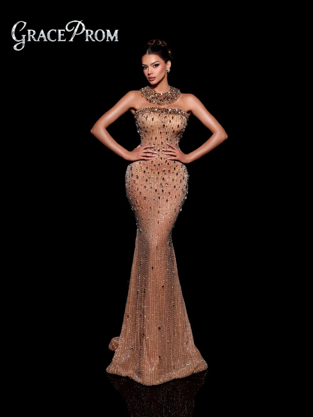 

Elegant Rhinestone Mesh Evening Dress Classy Strapless Evening Gown Shiny Mermaid Floor-Length Party Gown Customized