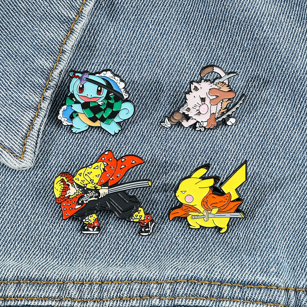 Anime Pokemons Pikachus Squirtle Enamel Pins Collect Demon Slayer Kimetsu No Yaiba Metal Cartoon Brooch Backpack Lapel Badges