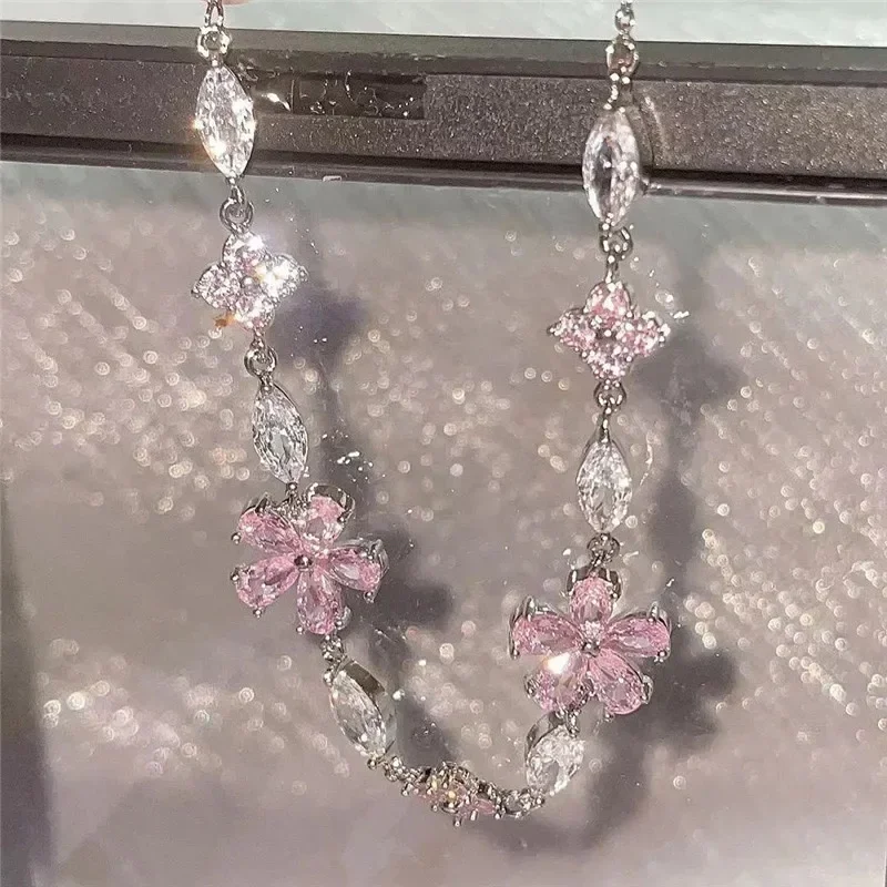 Elegant Fairy Pink Crystal Zircon Sakura Flowers Bracelet for Women Y2K Sweet Girls Cherry Blossom Moon Bow Knot Jewelry Gifts