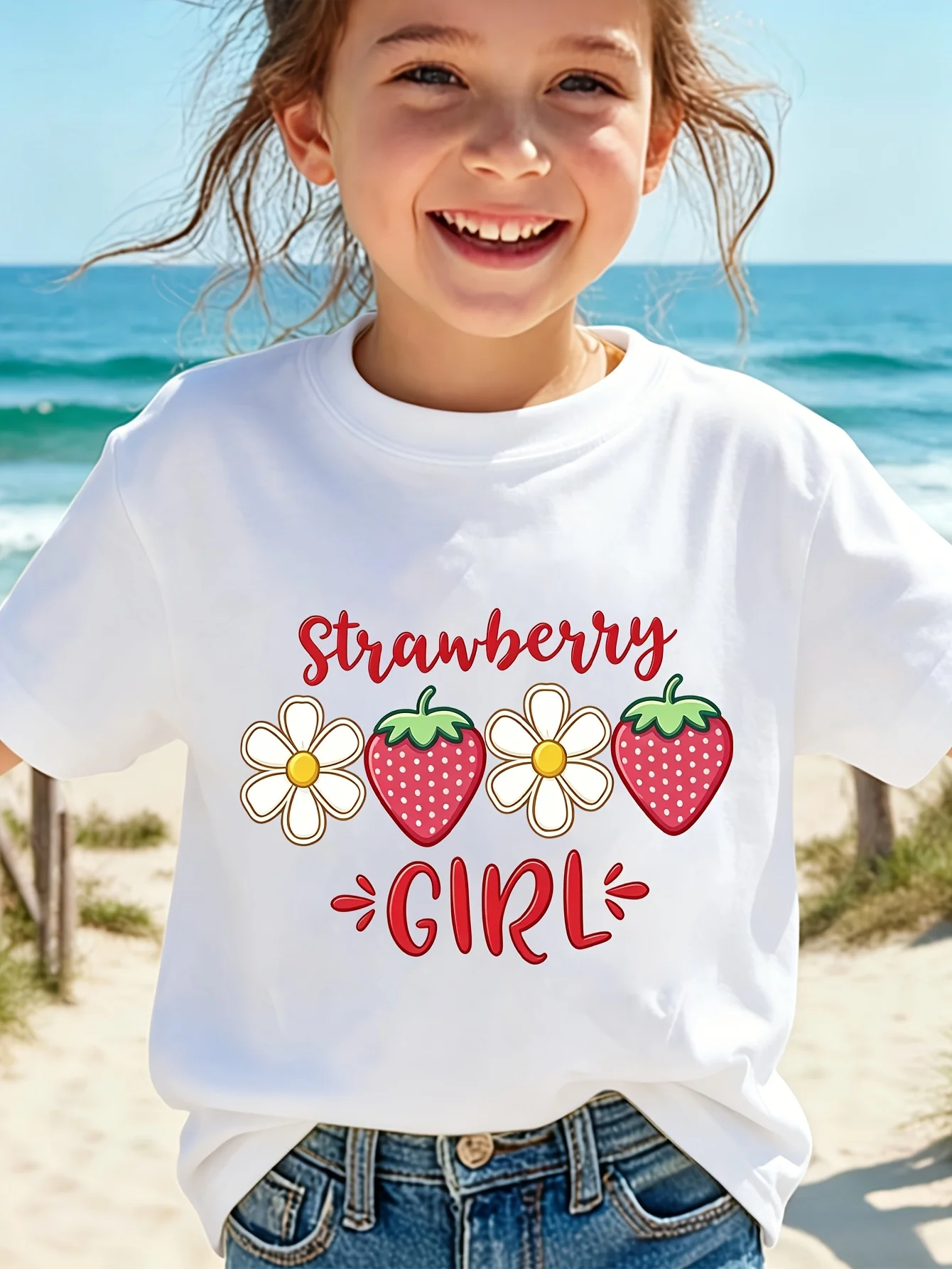 Kids Sweet Strawberry Girl Daisy Graphic Tee Boys Girls Family Matching Short Sleeve Fruit Floral Casual Daily Party T Shirt