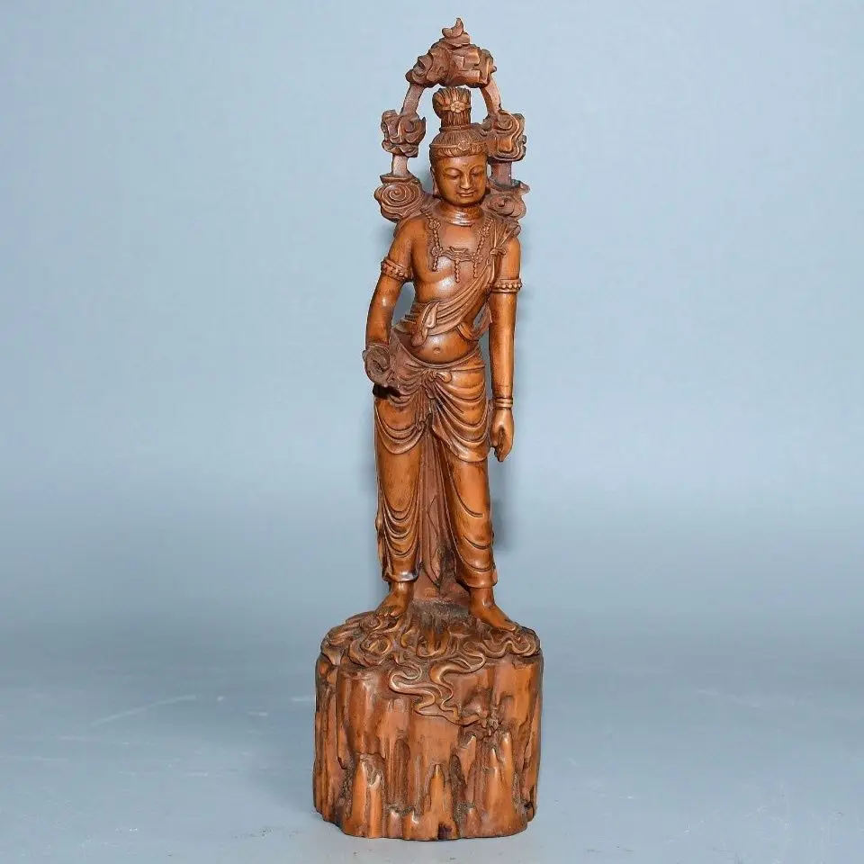 Hand Carved Wood Barefoot auspicious clouds guanyin bodhisattva Statue Figurine Desktop Ornaments Home Decoration