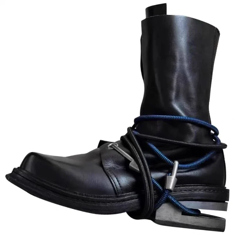 Retro Men's Genuine Leather Engineer Boots Strange Metal Chunky Heel Mid-Calf Round Toe Elastic Band Western Riding Boots Women