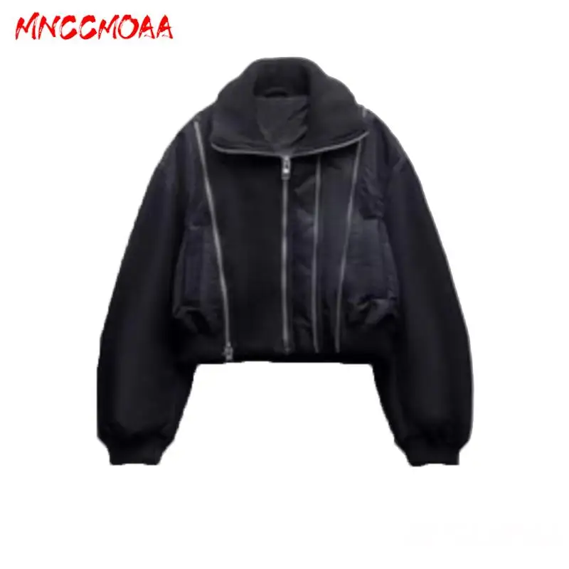 

MNCCMOAA 2023 Autumn Women Fashion Loose Patchwork Zipper Bomber Jacket Coat Female Solid Color Causal Long Sleeve Top Outerwear