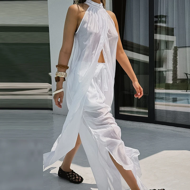 

Simple Irregular Holiday Outfit Lady Elegant Sleeveless Hollow Loose 2Pc Set Sexy Halter Sleeveless Top & Pant White Suit