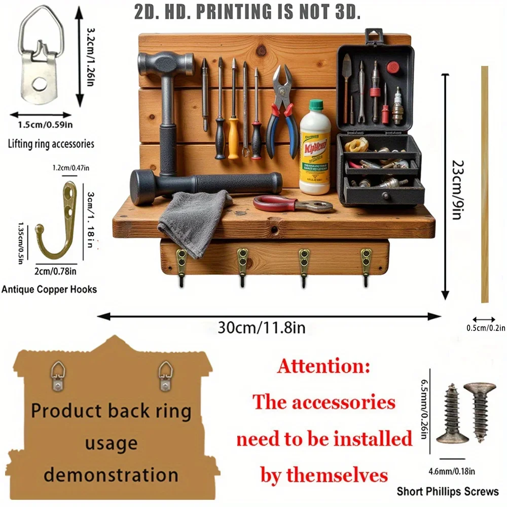 2D Flat, 1pc, Metal Tool Style Key Hook Wooden Multifunctional Home Key Holder with Four Metal Hooks, Wall Decoration, Porch