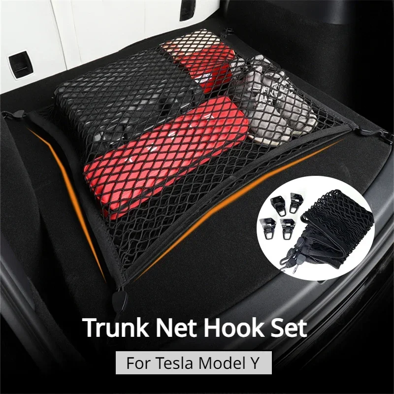 Bota do carro Trunk Mesh Net Bag, Cargo Nylon Hooks, Elastic Storage Organizer, Auto Acessórios, Tesla Modelo Y, 4Pcs Set