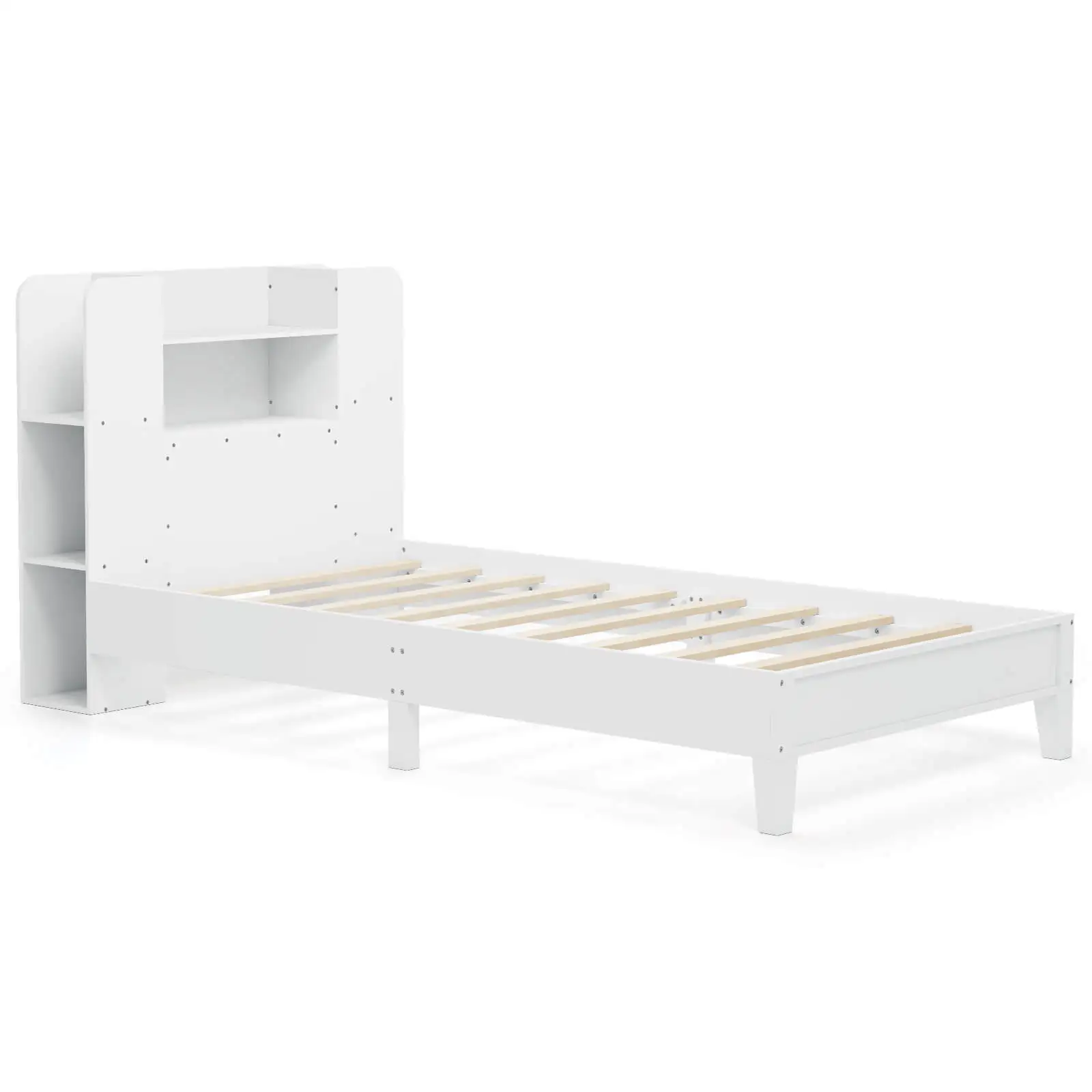 Twin Size Bed Frame Wooden Platform Bed Kids Bed Frame with Bookcase Headboard