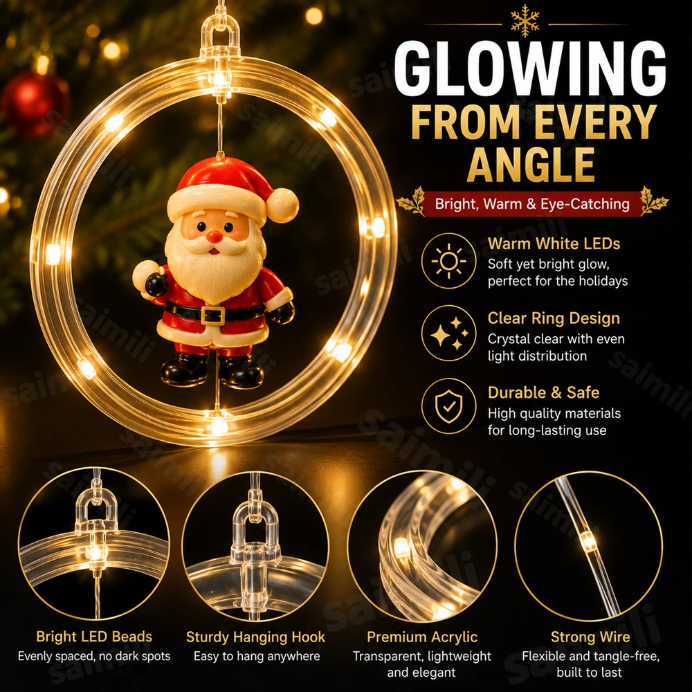 USB Christmas Character Curtain Light 8 Lighting Modes Santa Reindeer Snowman Tree Ring LED Lamp For Outdoor Holiday Party Decor