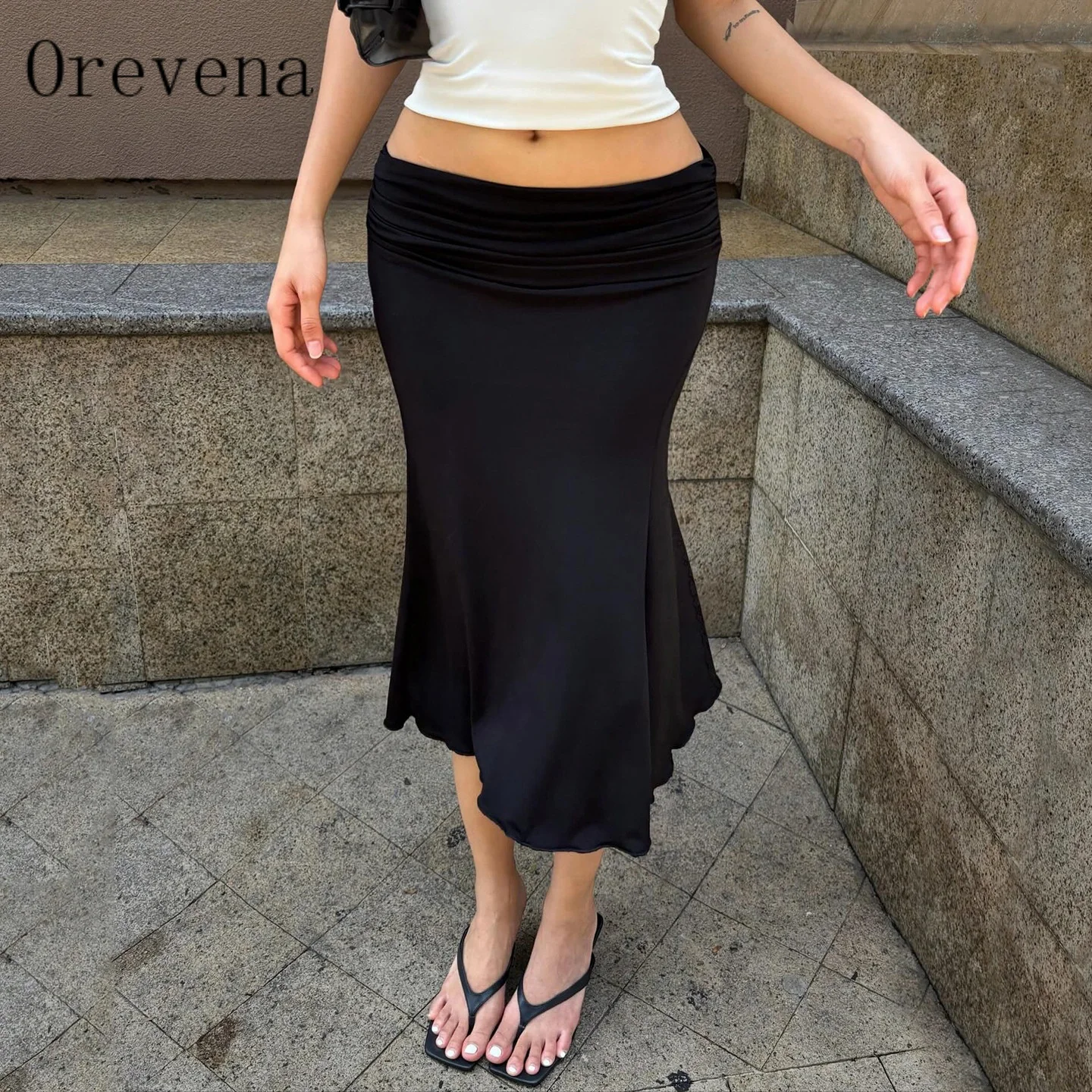 Basic Solid Folds Low-Waisted Midi Skirts Chic Black Slim Skirts Lady Party Bottoms Summer All match Clothes Coquette