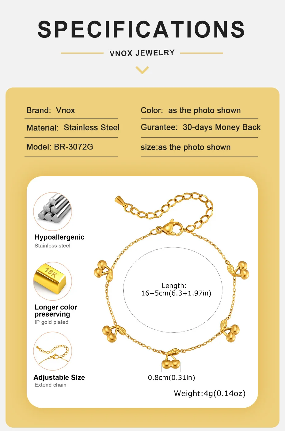 Vnox Vergoldetes Süßes Kirsch-Charm-Armband für Frauen Edelstahl Gliederkette Niedliches Zierliches Früchte-Serie Armband Schmuck – Detail 4