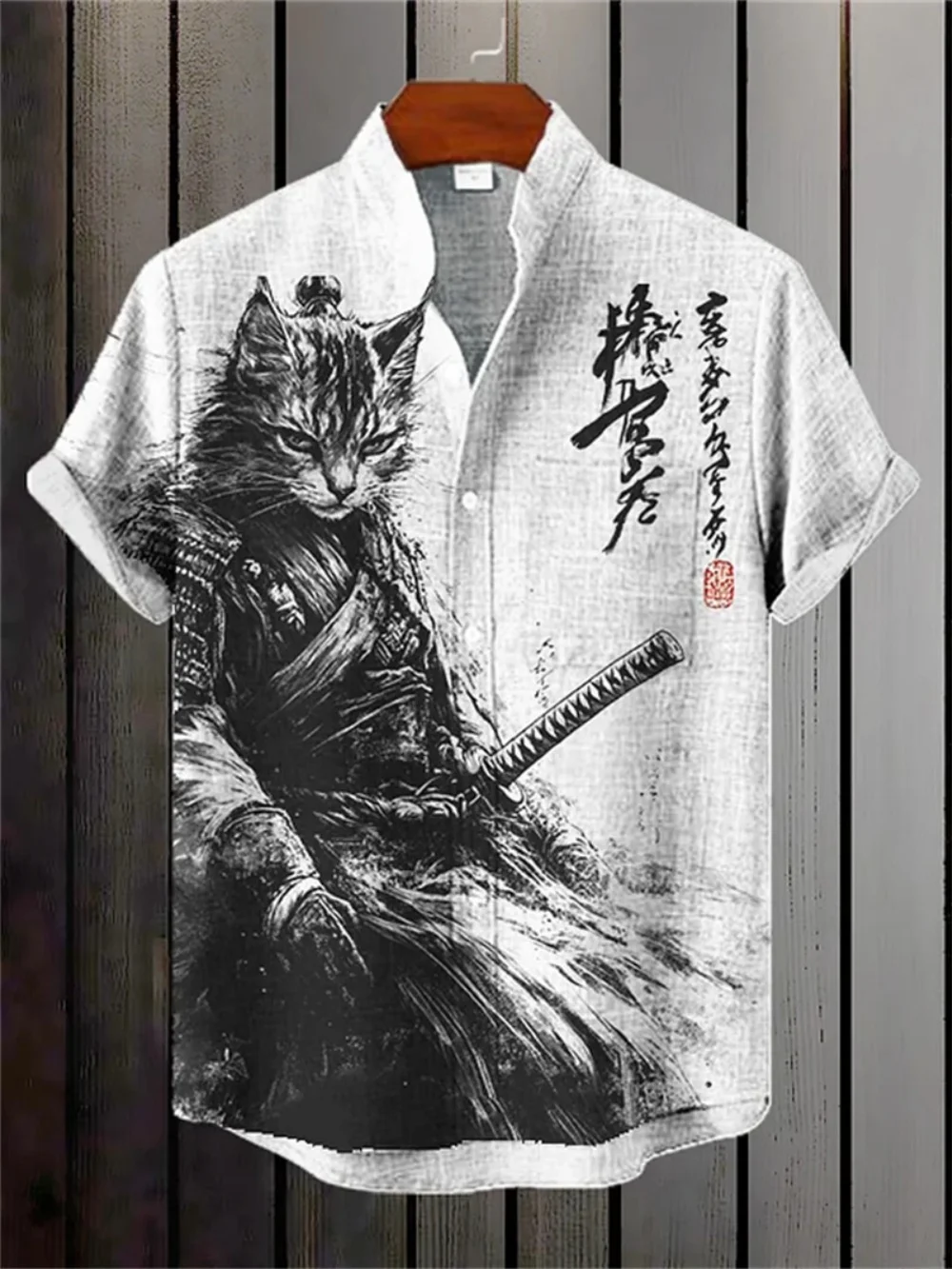 

Samurai Cat 3D Printed Hawaiian Shirt Japanese Style Men's Fashionable Short Sleeve Casual Beach Shirt Single-Breasted