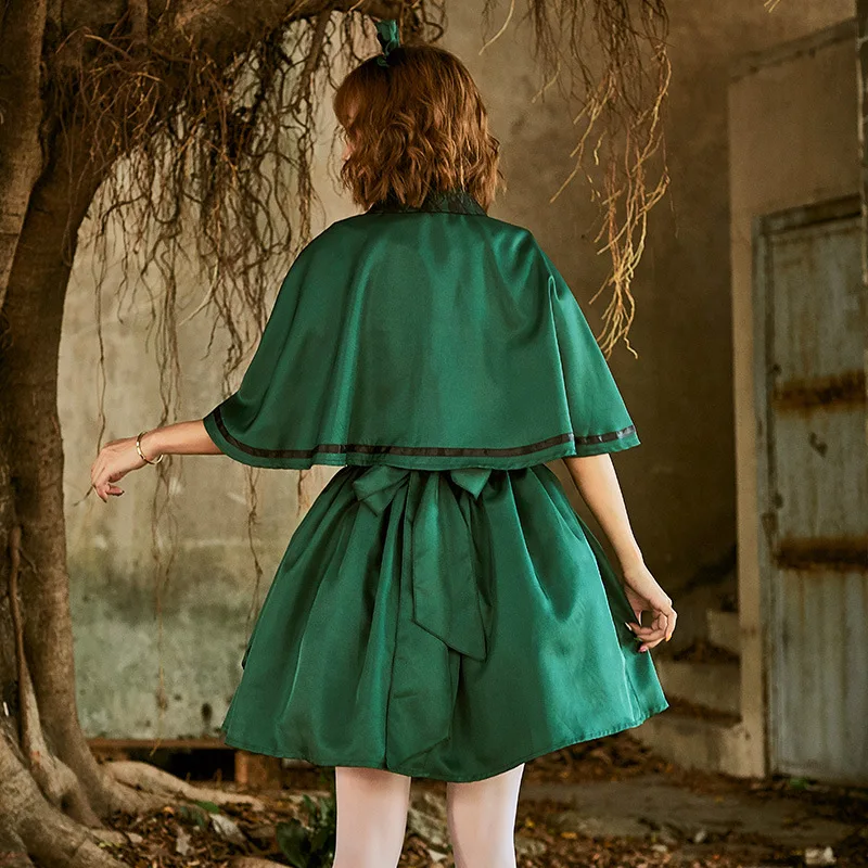 우아한 녹색 레이스 메이드 의상, 숄 포함 여성용 성 하인 복장 슬림 핏 코스프레 할로윈 드레스 (이핀 상청)