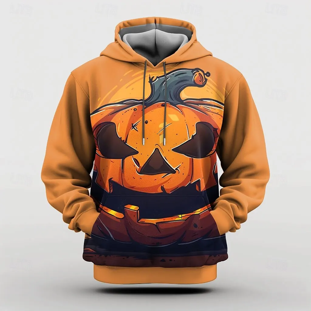 Halloween Pumpkin Men Graphic Prints Hoodie Daily Classic Casual 3D Pullover Holiday Going Out Hoodies Orange Long Sleeve Hooded