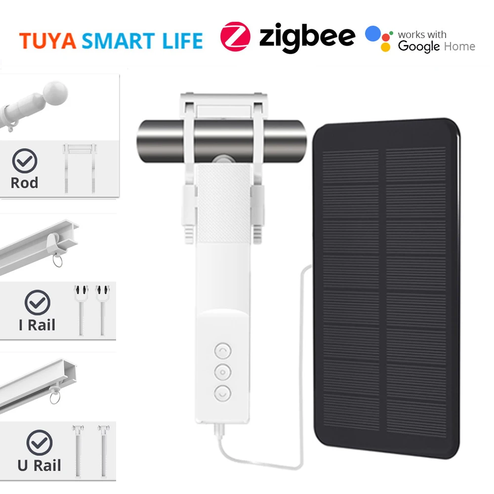 

Tuya Zigbee Smart Curtain Robot with Solar Panel For Roman I Type U Type Track Alexa GoogleHome Control Zemismart Curtain Driver