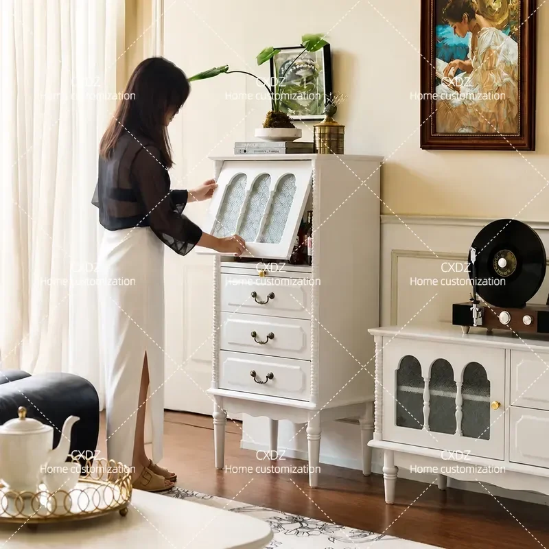 Cream Solid Wood Side Cabinet Floor Storage Unit Living Room Small Apartment TV Stand Locker
