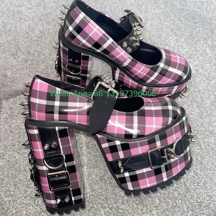 Lady pink Y2K style punk plaid spike gothic Mary Janes chunky heel bucket strap metal spike design high heels pumps size 35-46