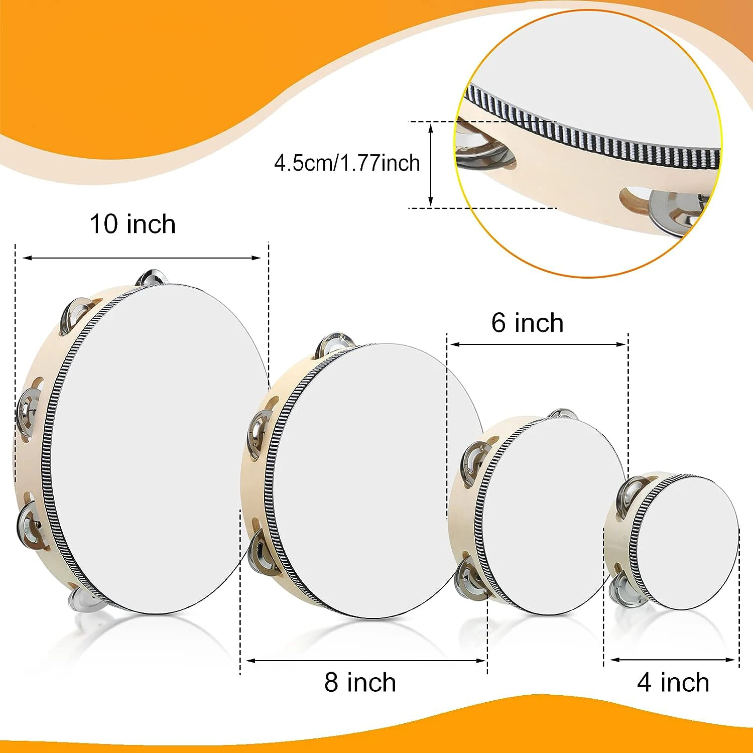 1Pc Wooden Tambourine 4/6/8/10-Inch White Rim with Metal Jingles Musical Percussion Instrument for Concert Church Party