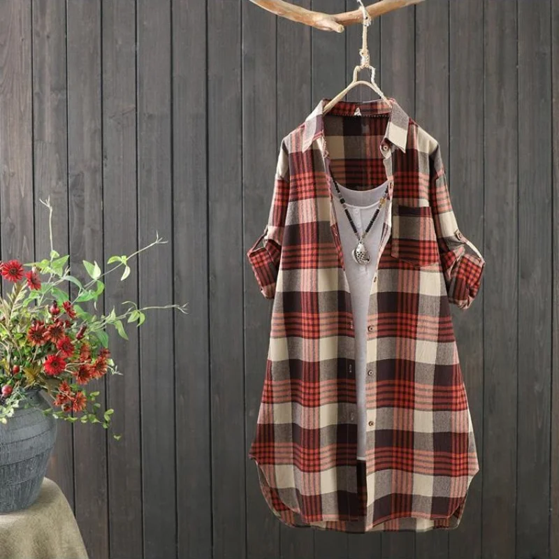 Medium Long Plaid Shirt Women Cotton Linen Clothes Female Shirts Coat Vintage Casual Blouse Loose Plus Size Tops Women\'s Clothes