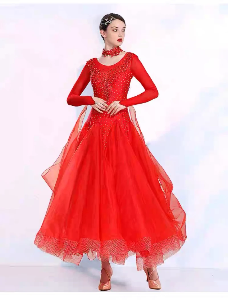 標準社交ダンスドレス女性赤長袖パフォーマンスダンススカートレディースタンゴワルツ社交競技ドレス
