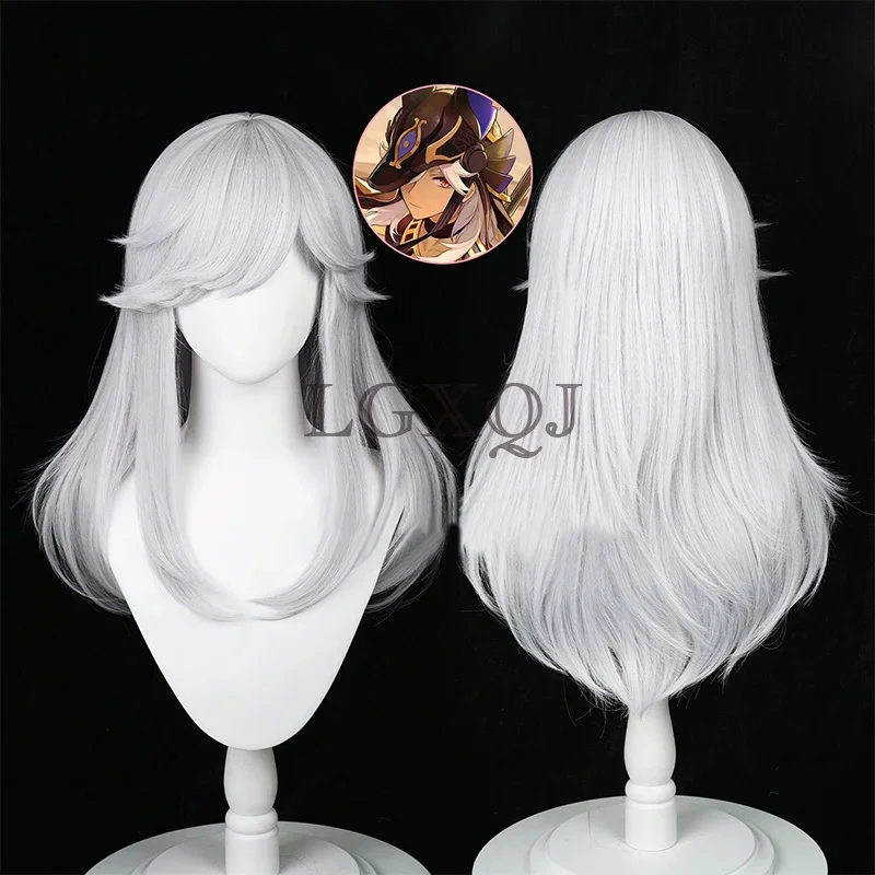 Cyno Cosplay Genshin Impact Sumeru Cyno Cosplay Wig 60cm Long Silver White Heat Resistant Hair Halloween Costume Wigs + Wig Cap