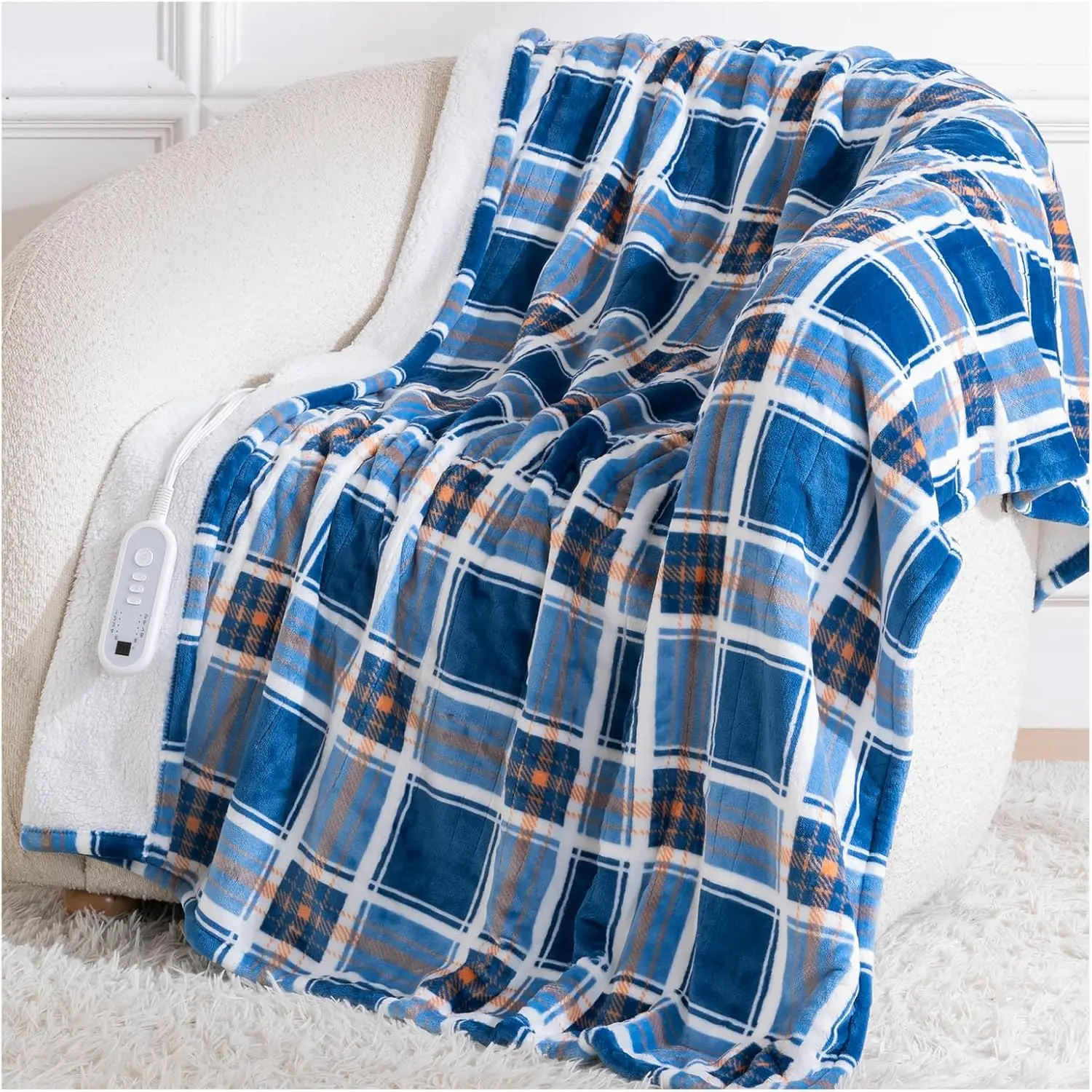

Electric Heated Throw Blanket with 8 Heat Levels, Auto-Off Timer, Machine Washable, Blue White Plaid Design for Adults