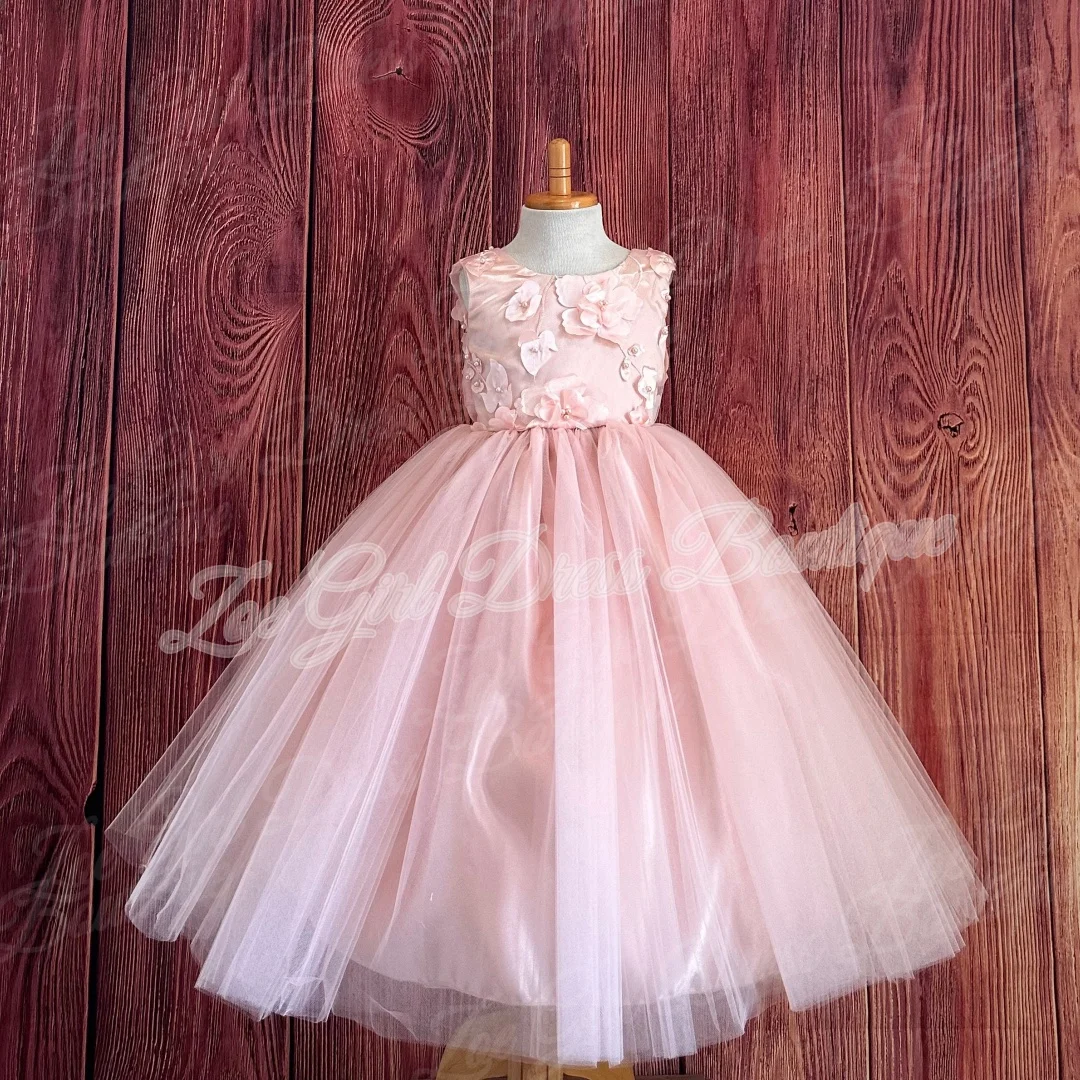 Pink Tulle Children Pageant Formal Gowns Sleeveless Wedding Flower Girl Dresses Customized For Birthday Holy Communion Events