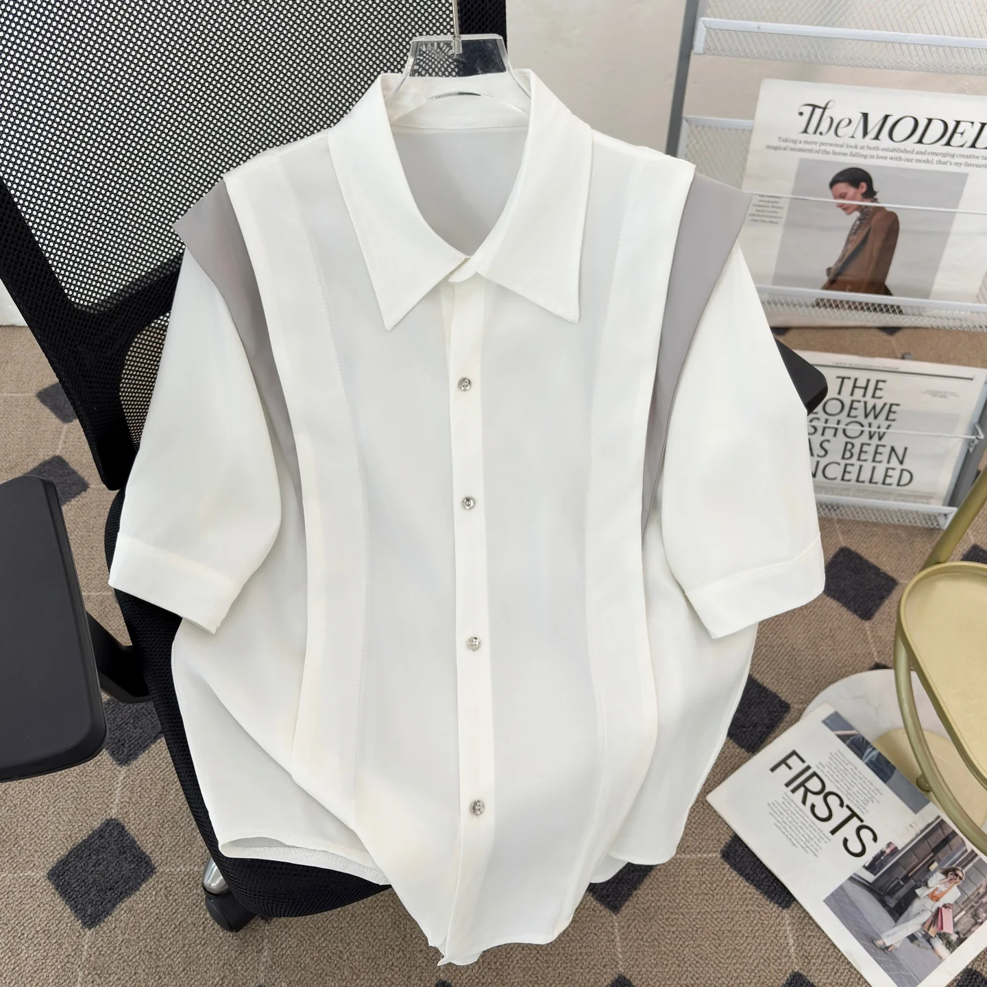 Advanced Men's Short Sleeve Shirt Deconstructed Patchwork Shoulder Color Collision Fake Two-Piece Design Five-Sleeve Casual S...