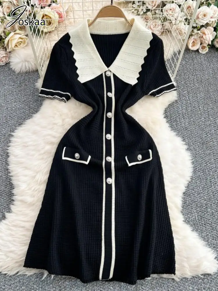 

Joskaa 2025 Fall Women's Lapel Short Sleeve Bodycon Knit Dress Sexy Color Block Button Down Sweater Dresses Y2K Streetwear