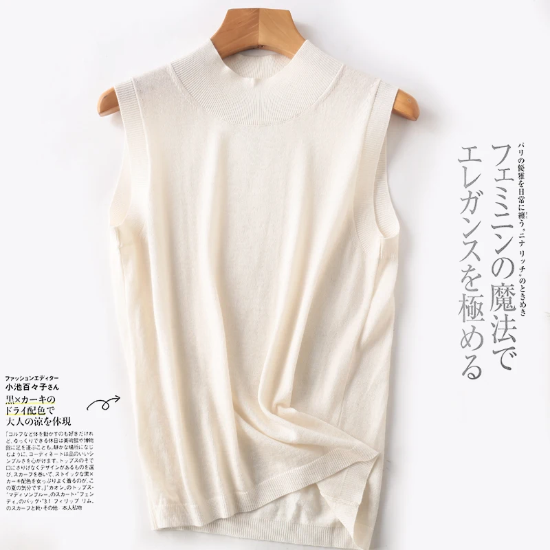 

Женский пуловер без рукавов из 100% мериносовой шерсти, свитер с воротником-стойкой, жилет из тонкой шерсти, трикотаж, весна-осень-зима, модный жилет, топы