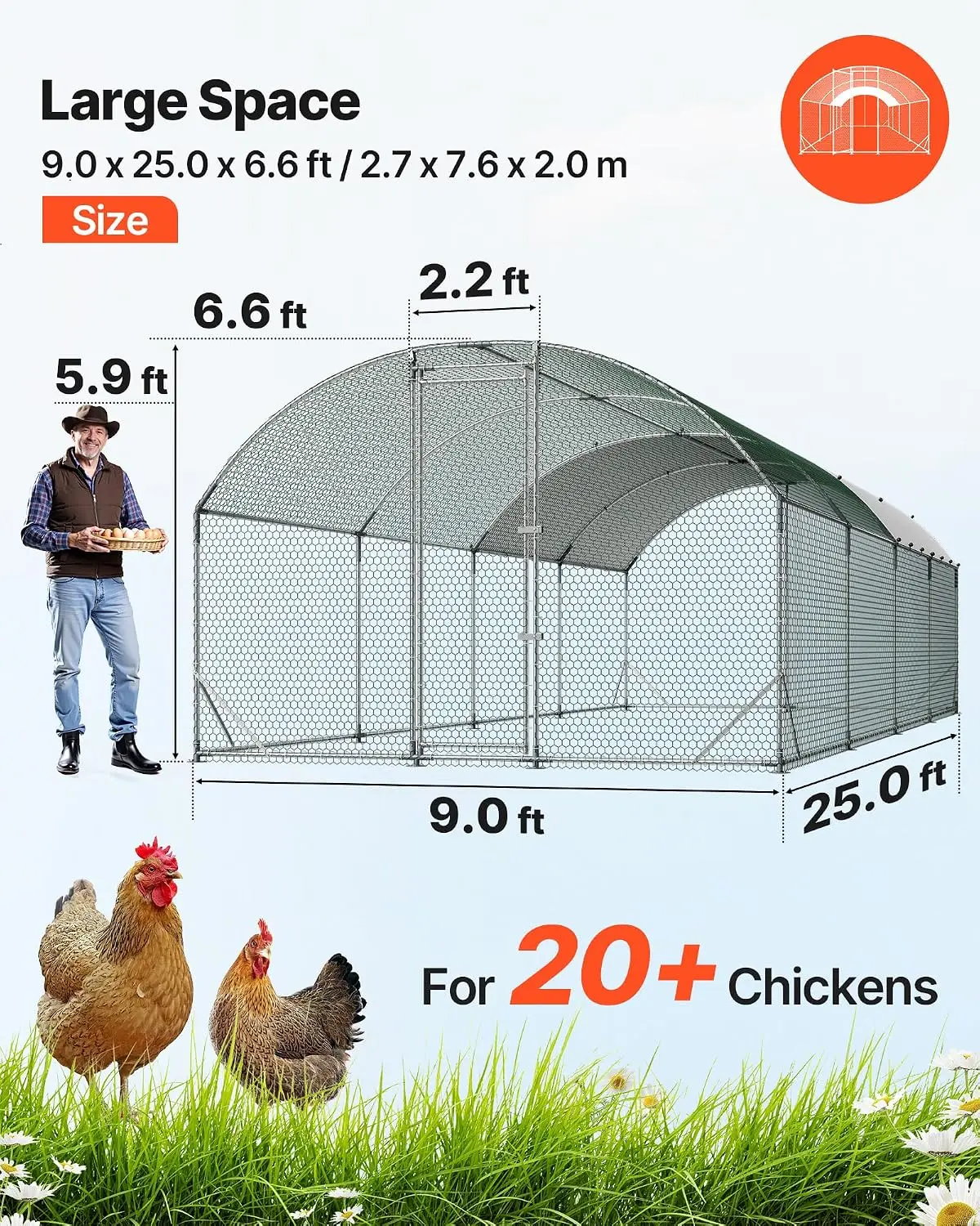 Large Metal Chicken Coop, 9 x 25 x 6.6 ft, Walk-in Chicken Run House with Waterproof Cover & Sturdy Frame, Dome Roof Poultry Cag