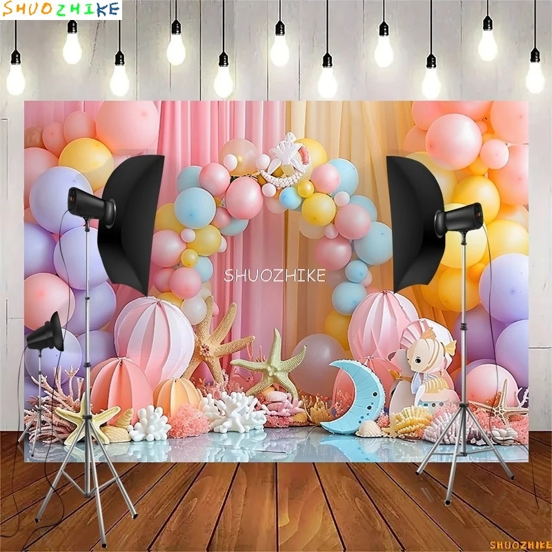 Fondali fotografia sirena spiaggia scena stella marina decorazioni di buon compleanno palloncini corona festa studio fotografico sfondo DF-02